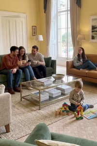 A group of adults and a young child relaxing in a bright, high-ceilinged living room at Noblethorpe Hall in Barnsley, with guests drinking coffee and a child playing with wooden blocks on the rug.